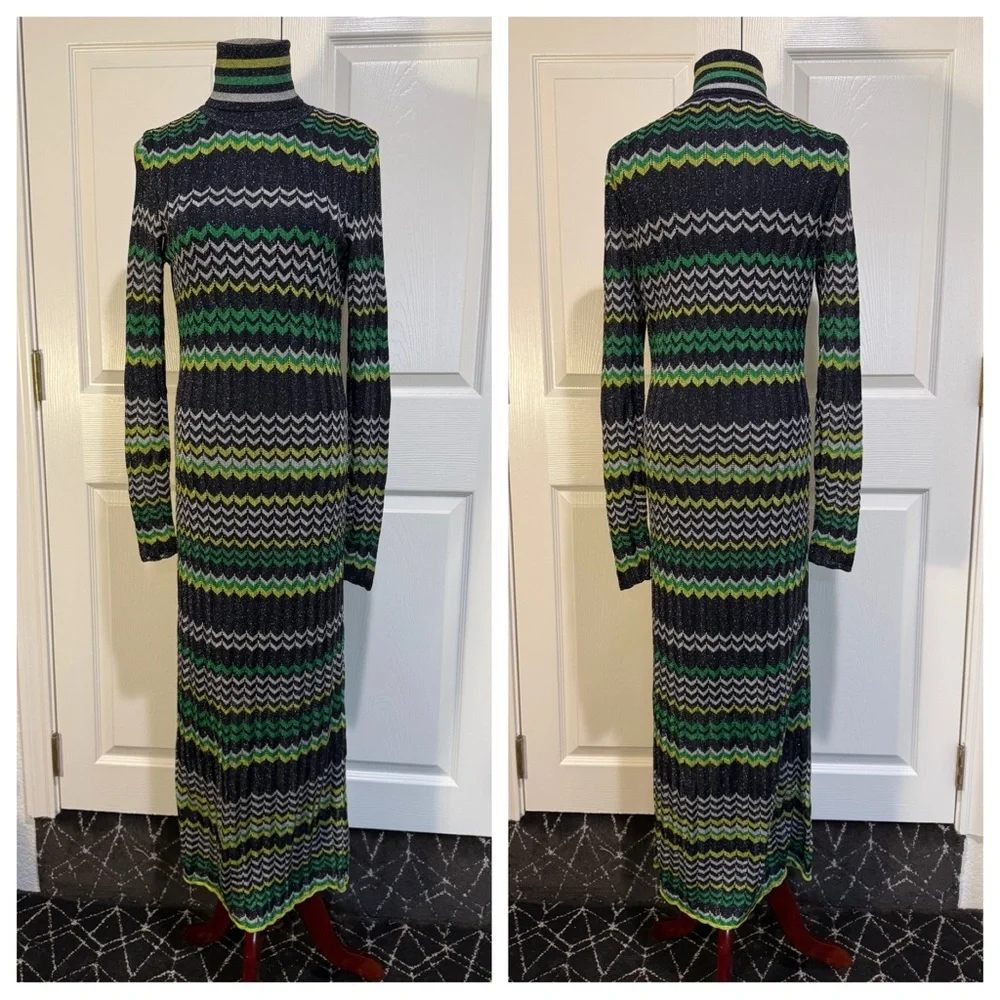Karen Millen Patterned Sparkle Knit Roll Neck Jacquard Midi Dress